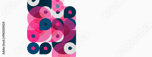 Abstract circles overlap, creating vibrant pink, navy, teal composition. White space dominates right side. Modern design.