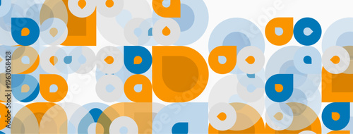 Abstract pattern features overlapping circles, squares. Orange, blue hues dominate white background. Modern design element.