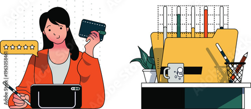 A woman using a digital tablet while holding a mobile phone and showing positive feedback stars nearby a printer with accessories