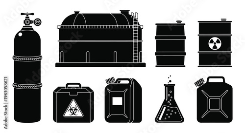A collection of industrial containers and hazard symbols presented in a stark black silhouette high quality professional detailed modern elegant stylish