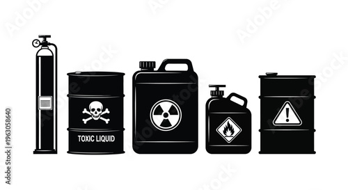 A row of hazardous material containers including barrels and canisters depicted in a striking black silhouette high quality professional detailed modern