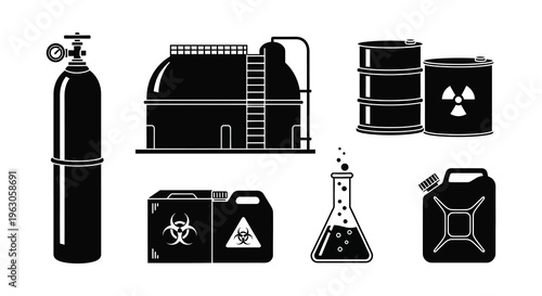 A stark black silhouette depicts industrial containers a reactor and hazard symbols representing potential danger silhouette high quality professional detailed modern