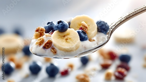 スプーンですくったヨーグルトとフルーツ グラノーラのヘルシーイメージ