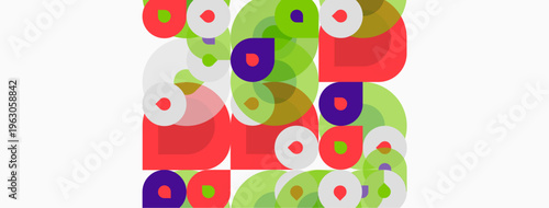 Abstract colorful shapes overlap, creating playful pattern. Circles, ovals dominate composition. Bright hues attract attention.