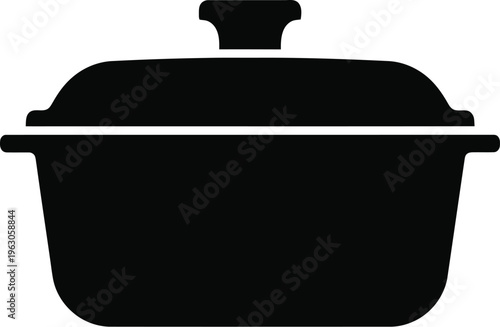 Simple black silhouette of a covered casserole dish with a handle on transparent background