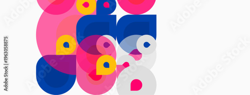 Abstract composition featuring overlapping circles. Pink, blue, yellow hues create dynamic visual texture. Minimalist design, modern aesthetic.