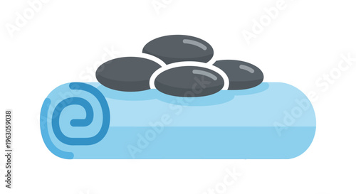 Rolled blue towel with hot stones on top in minimalist style for spa therapy
