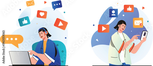 Two professionals engaging through digital communication and social media platforms for modern collaboration and interaction