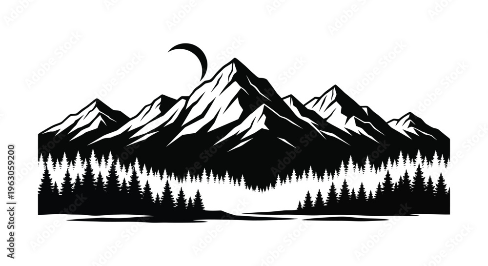 Fototapeta premium A striking black and white mountain range scene with a crescent moon and dense forest rendered as a silhouette high quality