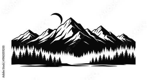 A striking black and white mountain range scene with a crescent moon and dense forest rendered as a silhouette high quality