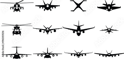 Aircraft silhouettes including helicopters, fighter jets, and transport planes, front view vector illustration for aviation, military, and design themes