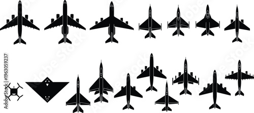 Aircraft silhouettes including airplanes, fighter jets, stealth bomber, and drone, top view vector illustration for aviation, military, and design themes
