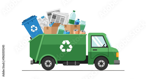 A colorful illustration depicts a green garbage truck overflowing with recyclable materials showcasing a flat vector silhouette high quality professional detailed