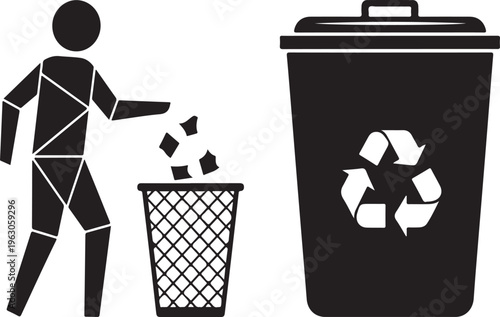 Recycling symbol and person throwing away trash