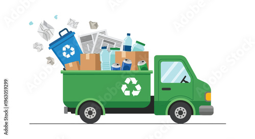 A colorful illustration depicts a green recycling truck overflowing with waste paper and plastics a striking silhouette high quality professional detailed