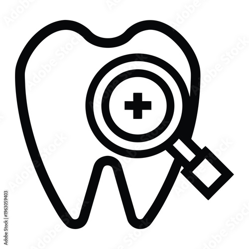 A tooth with a magnifying glass examining it for dental health