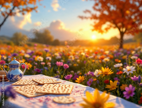 Golden hour picnic in a vibrant wildflower meadow with matzah and teapot, surrounded by autumn trees and a warm sunset glow. Idyllic outdoor scene celebrating nature's beauty.