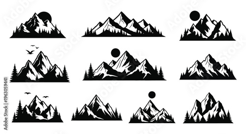 A collection of nine black mountain range designs featuring sun and moon elements presented as a striking silhouette high quality professional