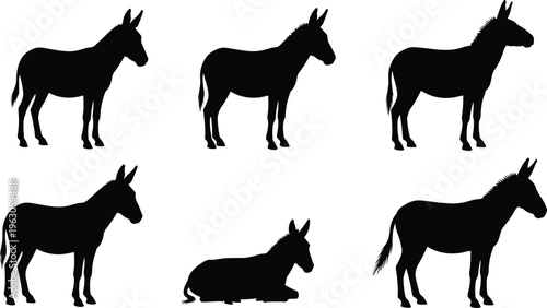 Donkey silhouettes in standing and lying poses, vector illustration for farm animals, wildlife, nature, agriculture, and design themes
