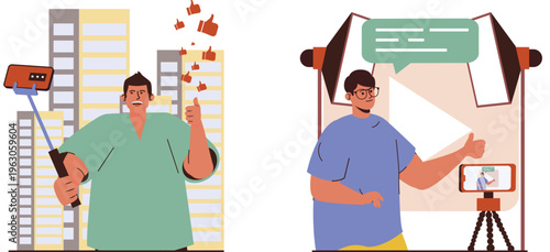 Two people engaging with social media and video content creation in urban settings