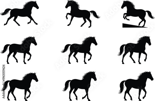 Horse silhouettes in walking, trotting, prancing, and elevated poses, vector illustration for wildlife, motion, nature, and design themes