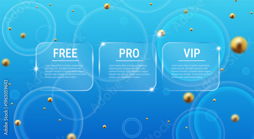Glass pricing cards with gold spheres on a blue background design.