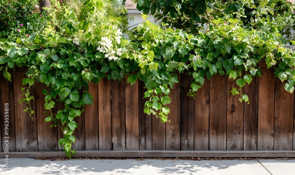 Fototapeta premium a beautiful wooden fence with lush green plants and vines hanging from the top