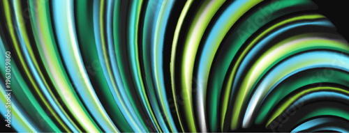 Abstract flowing lines, vibrant greens, blues create dynamic visual effect. Smooth curves suggest movement, depth. Modern design.