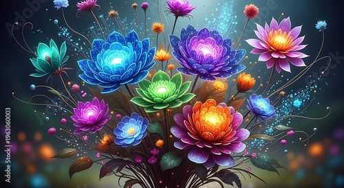 Vibrant fantasy floral arrangement with glowing petals and artistic design