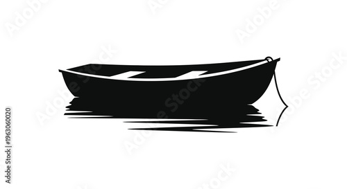 A stark black silhouette of a small rowboat gently floating on calm water creating a minimalist scene silhouette high quality professional