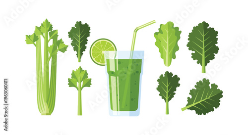 A vibrant arrangement of celery stalks leaves a lime and a green smoothie in a glass silhouette high quality professional detailed