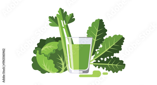 A vibrant illustration depicts fresh green juice with leafy vegetables showcasing a bold silhouette high quality professional detailed modern elegant stylish