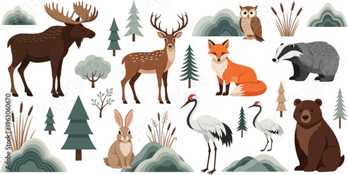Forest animals and trees illustration with moose deer fox and bear in natural habitat scene