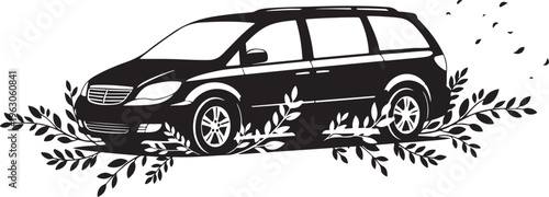 Black minivan with leaves and petals on white background