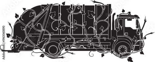 Black garbage truck with leafy vines waste management truck