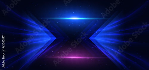 Arrow blue glowing on dark background. Hi tech speed light concept.