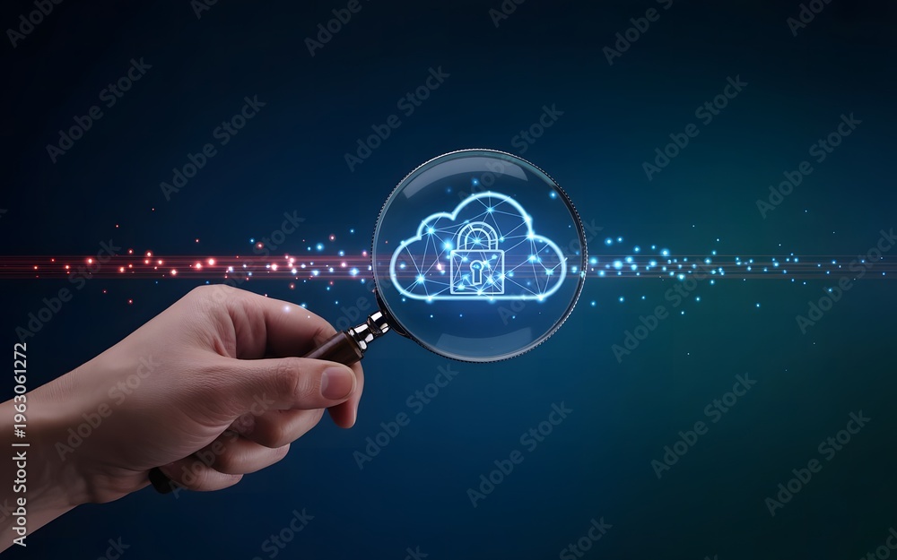 Obraz premium Cybersecurity Cloud Data Protection Concept with Glowing Holographic Padlock and Magnifying Glass