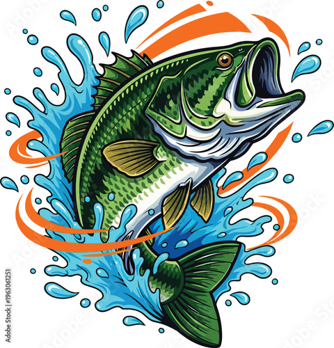 Large mouth bass fish jumping out of water with splash