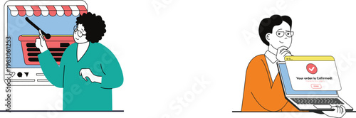 Woman selecting items online while man receives order confirmation on laptop happily