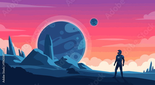 Astronaut on alien planet watches giant planet rise at sunset, pixel art style