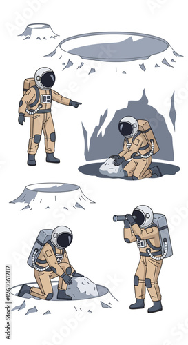 Astronauts exploring moon craters, collecting samples, and observing the lunar surface.