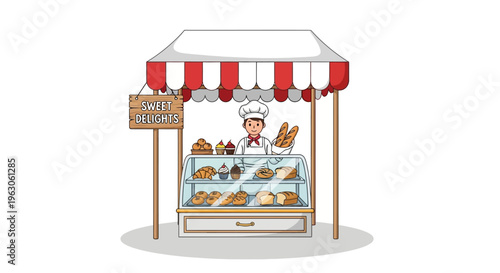 Baker Selling Fresh Pastries and Bread at a Market Stall