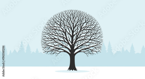 Bare Tree Silhouette in Winter Landscape with Snow and Forest Background