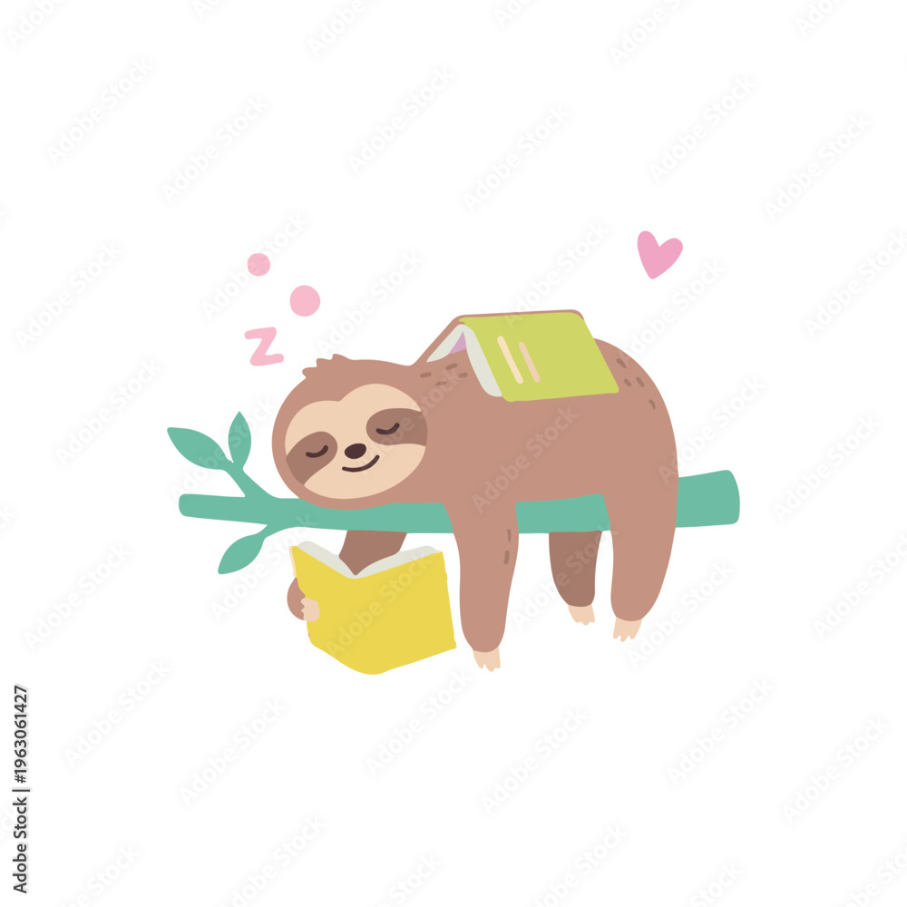 Obraz premium Cute Sloth Sleeping and Reading Book on Tree Branch Illustration, Concept of Slow Learning and Relaxation