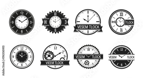 Collection of Vintage Clock Icons and Symbols for Time Management and Retro Design