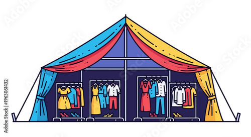 Colorful Tent Pop-Up Shop Displaying Fashionable Clothing on Racks