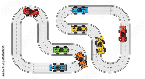 Colorful toy race cars on a winding track, top view, action, speed, competition