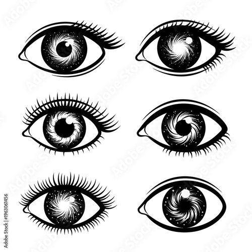 Cosmic Eyes: Surreal Black and White Eyes with Galaxy Pupils, Mystical Vision