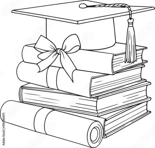 Academic achievements and education concepts a graduation cap rests atop a stack of books, symbolizing knowledge acquisition and the journey of learning, with a rolled diploma