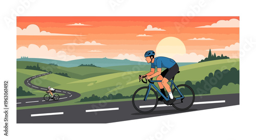Cyclists racing on scenic road at sunset, healthy lifestyle, outdoor sport